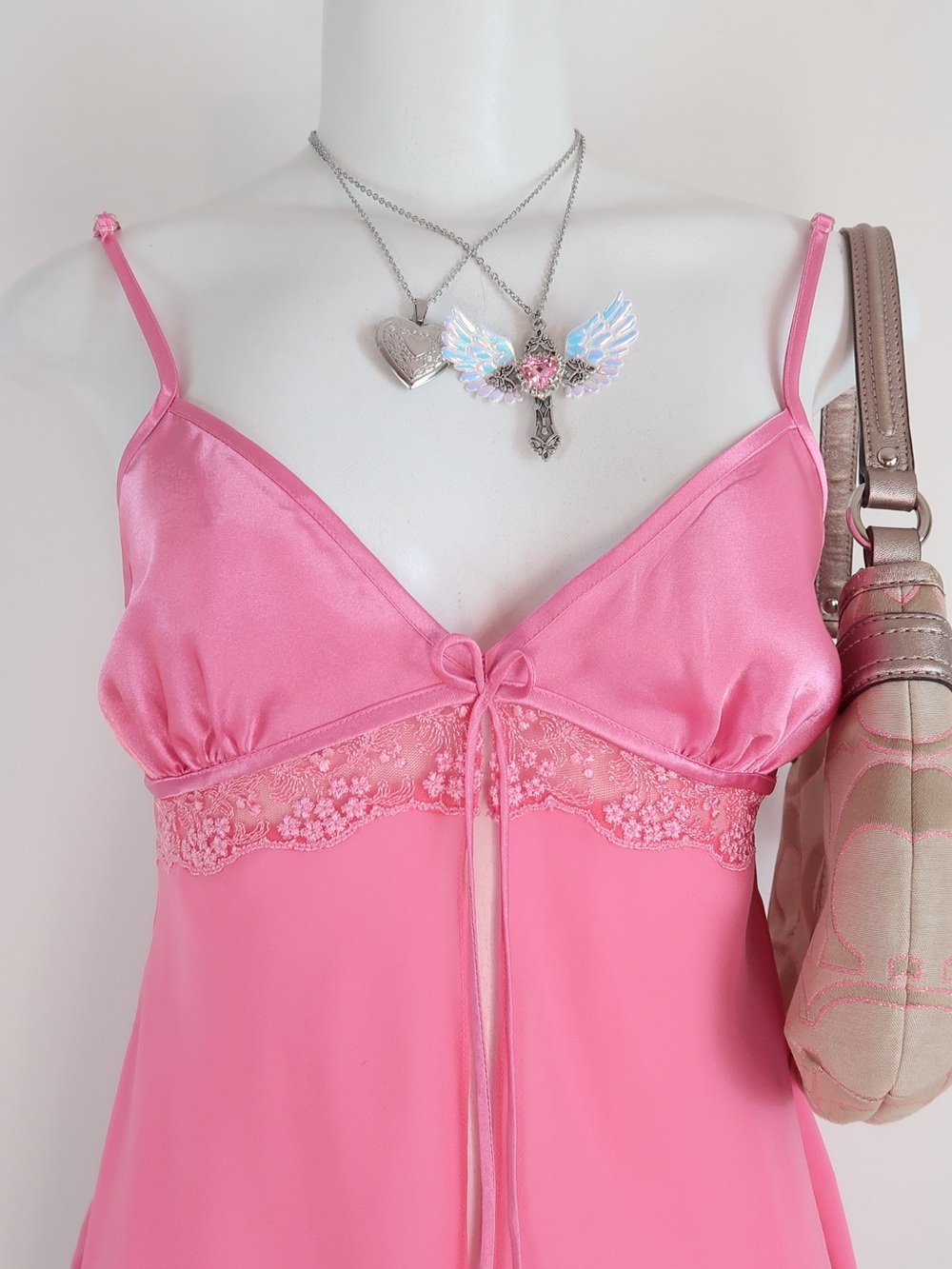 y2k hot pink babydoll satin lace cami